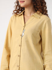 Beige Solid Shirrt  Collar Cotton Night Suit For Women