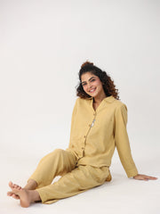 Beige Solid Shirrt  Collar Cotton Night Suit For Women