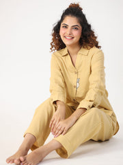 Beige Solid Shirrt  Collar Cotton Night Suit For Women