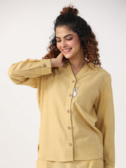 Beige Solid Shirrt  Collar Cotton Night Suit For Women