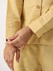 Beige Solid Shirrt  Collar Cotton Night Suit For Women
