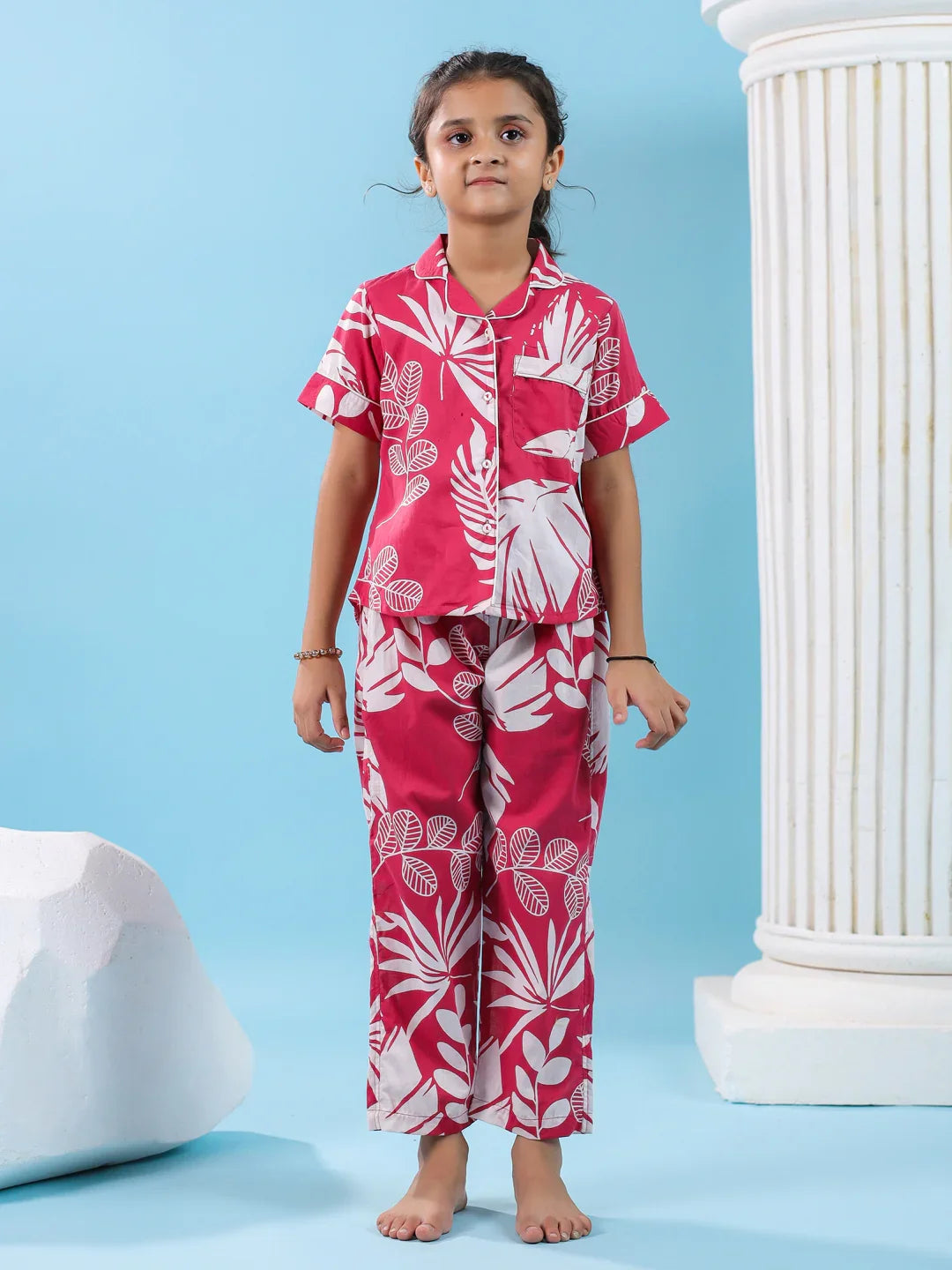 Pink Floral Cotton Night Suit for Kids - SanskrutiHomes 