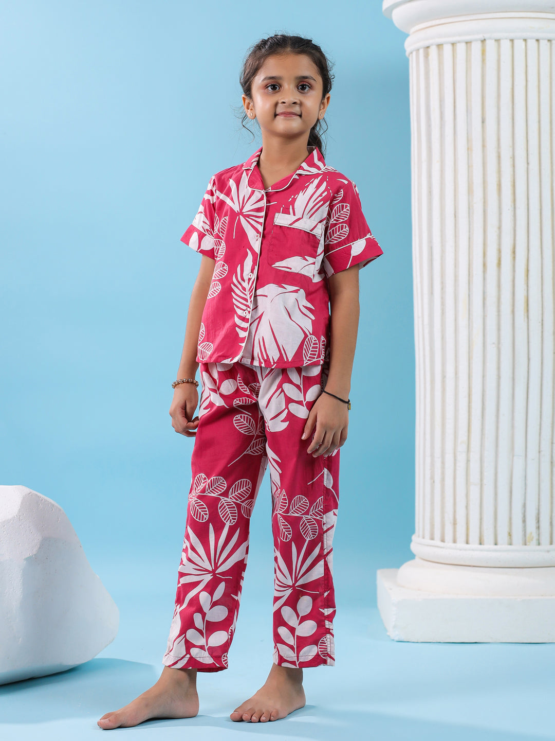 Pink Floral Cotton Night Suit for Kids - SanskrutiHomes 