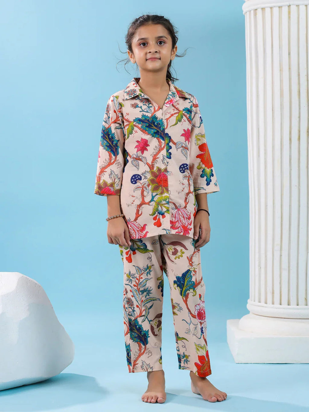 Multi Flower Printed Cotton Night Suit Set - SanskrutiHomes 