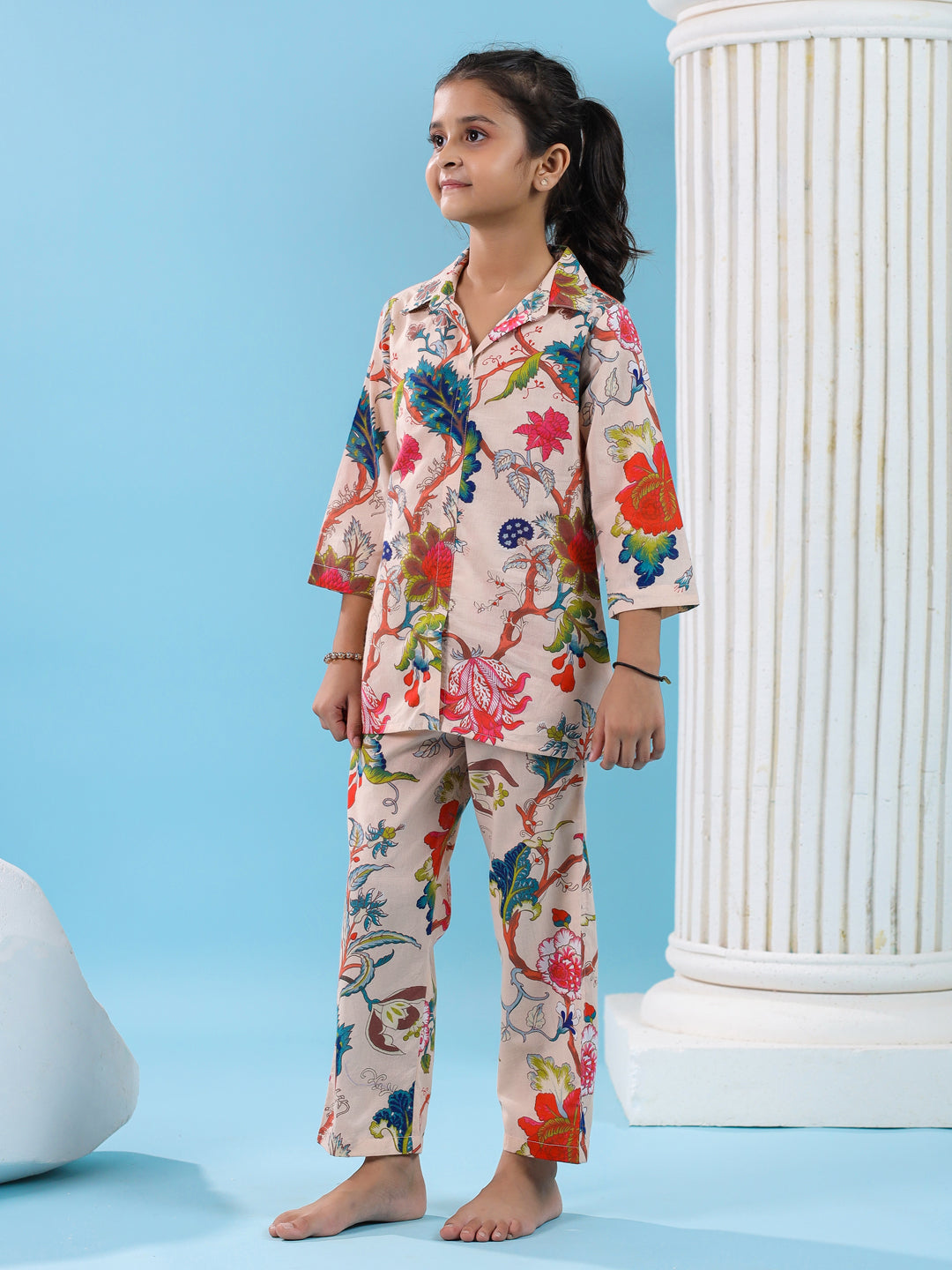 Multi Flower Printed Cotton Night Suit Set - SanskrutiHomes 
