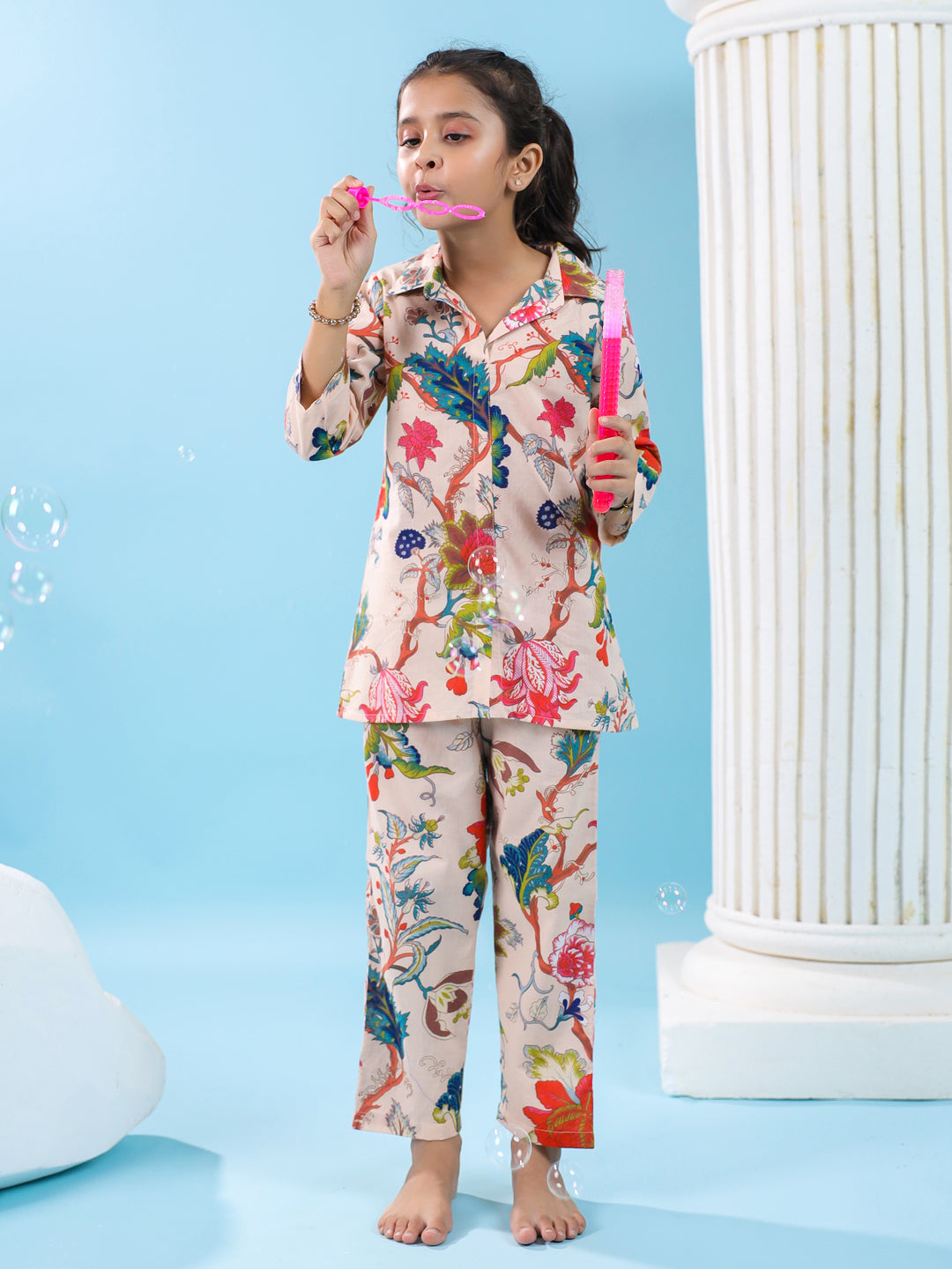 Multi Flower Printed Cotton Night Suit Set - SanskrutiHomes 