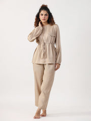 Beige Solid Round Neck Full Sleeve Co-ord Set For Women