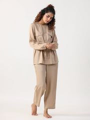 Beige Solid Round Neck Full Sleeve Co-ord Set For Women