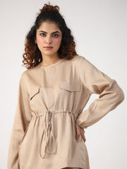 Beige Solid Round Neck Full Sleeve Co-ord Set For Women