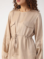 Beige Solid Round Neck Full Sleeve Co-ord Set For Women