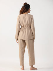 Beige Solid Round Neck Full Sleeve Co-ord Set For Women