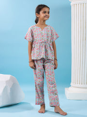 Floral Printed Cotton Night Suit For Kids