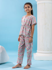 Floral Printed Cotton Night Suit For Kids