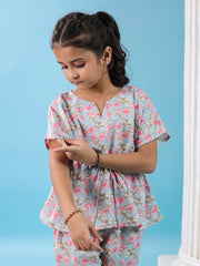Floral Printed Cotton Night Suit For Kids
