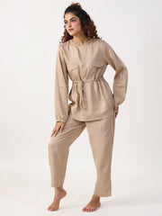 Beige Solid Round Neck Full Sleeve Co-ord Set For Women