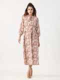 Rust Floral Printed Puffed Sleeves Round Neck Pure Cotton A-Line Night Dress - SanskrutiHomes 