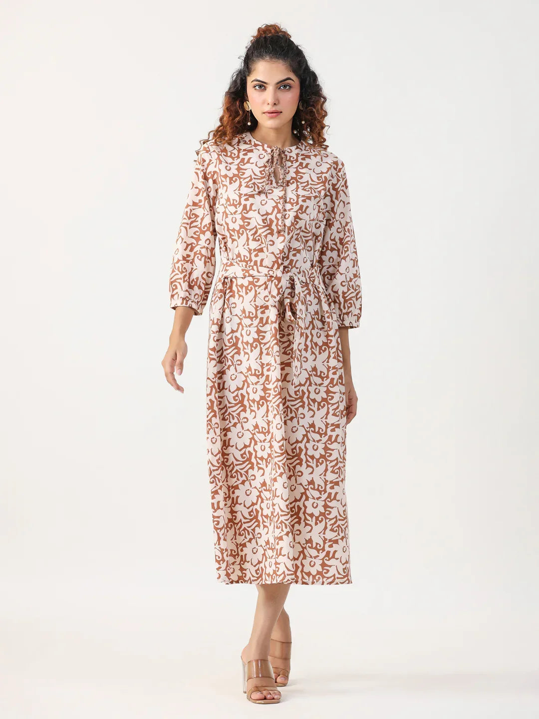 Rust Floral Printed Puffed Sleeves Round Neck Pure Cotton A-Line Night Dress - SanskrutiHomes 