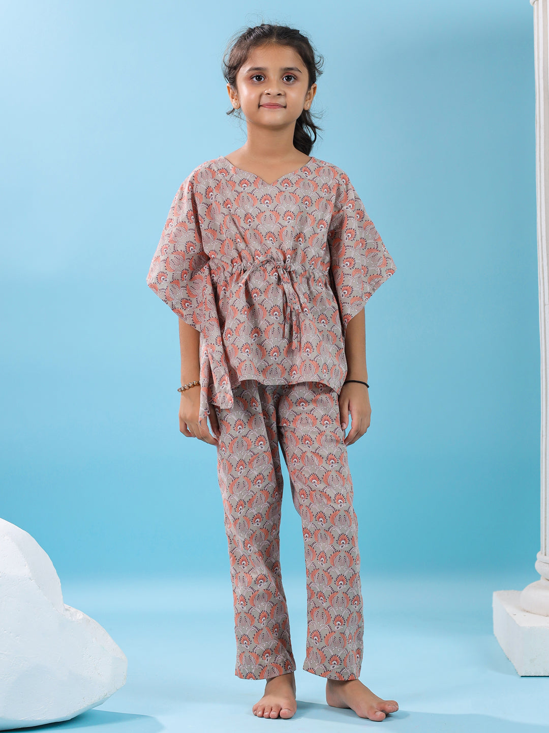 Pink Floral Printed Cotton Night Suit For Kids