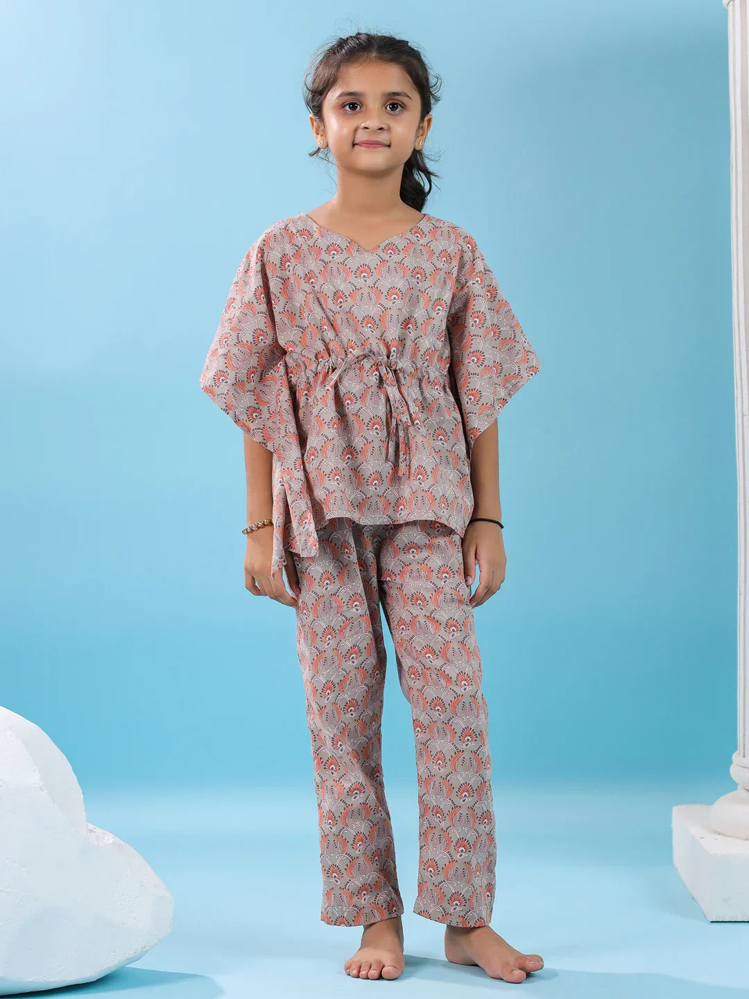 Pink Floral Printed Cotton Night Suit for Kids - SanskrutiHomes 