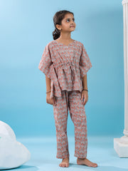 Pink Floral Printed Cotton Night Suit For Kids