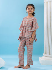 Pink Floral Printed Cotton Night Suit For Kids