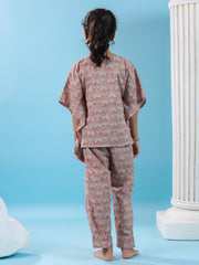 Pink Floral Printed Cotton Night Suit For Kids