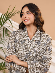 Green Shawl Lapel Floral Print Pure Cotton Night Suit For Women