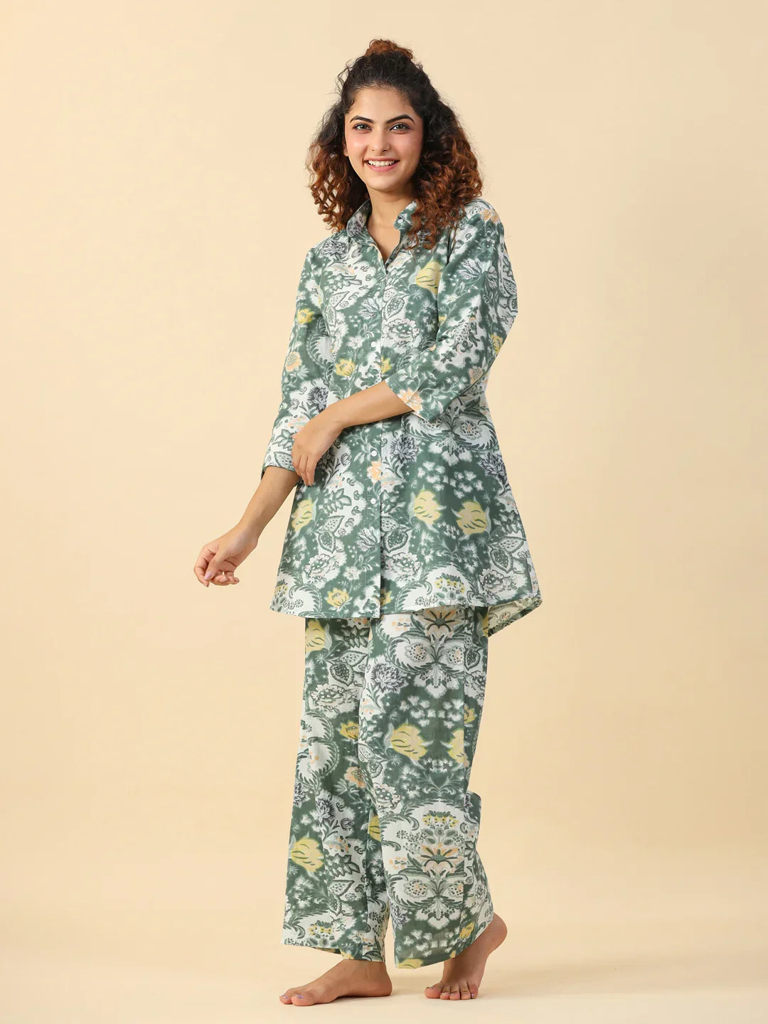 Green Printed pure cotton co-ord set - SanskrutiHomes 