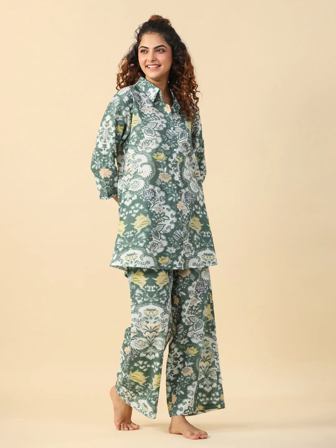 Green Printed pure cotton co-ord set - SanskrutiHomes 