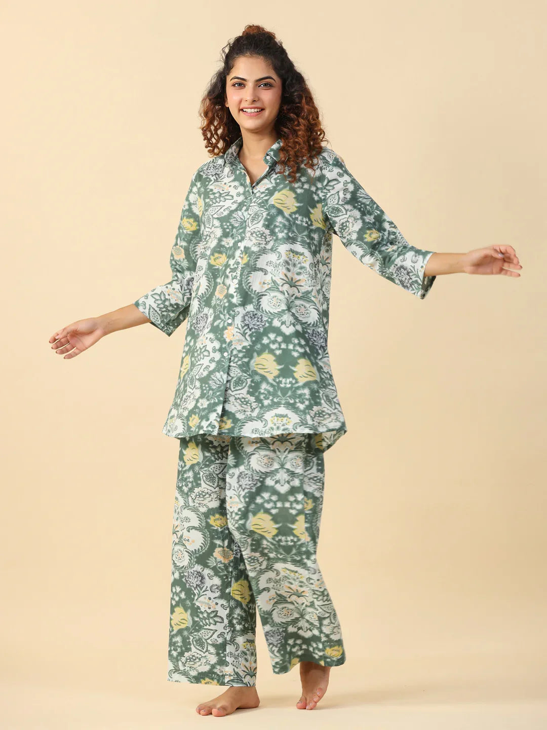 Green Printed pure cotton co-ord set - SanskrutiHomes 