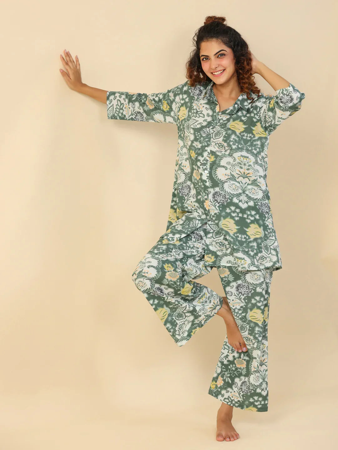 Green Printed pure cotton co-ord set - SanskrutiHomes 