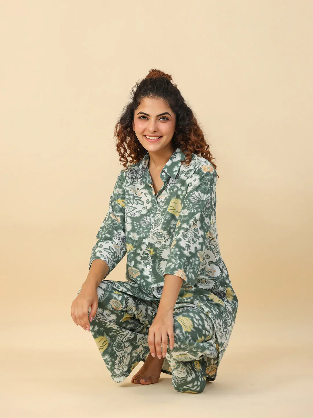 Green Printed pure cotton co-ord set - SanskrutiHomes 