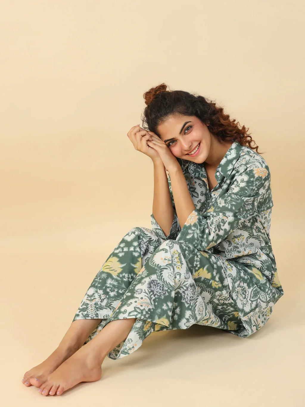 Green Printed pure cotton co-ord set - SanskrutiHomes 