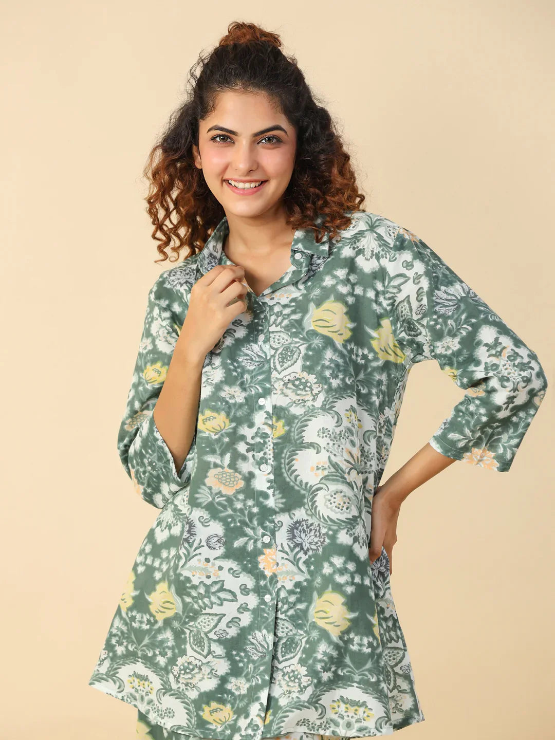Green Printed pure cotton co-ord set - SanskrutiHomes 