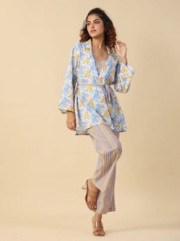 Blue Floral Print V-Neck Pure Cotton Nioght Suit For Women