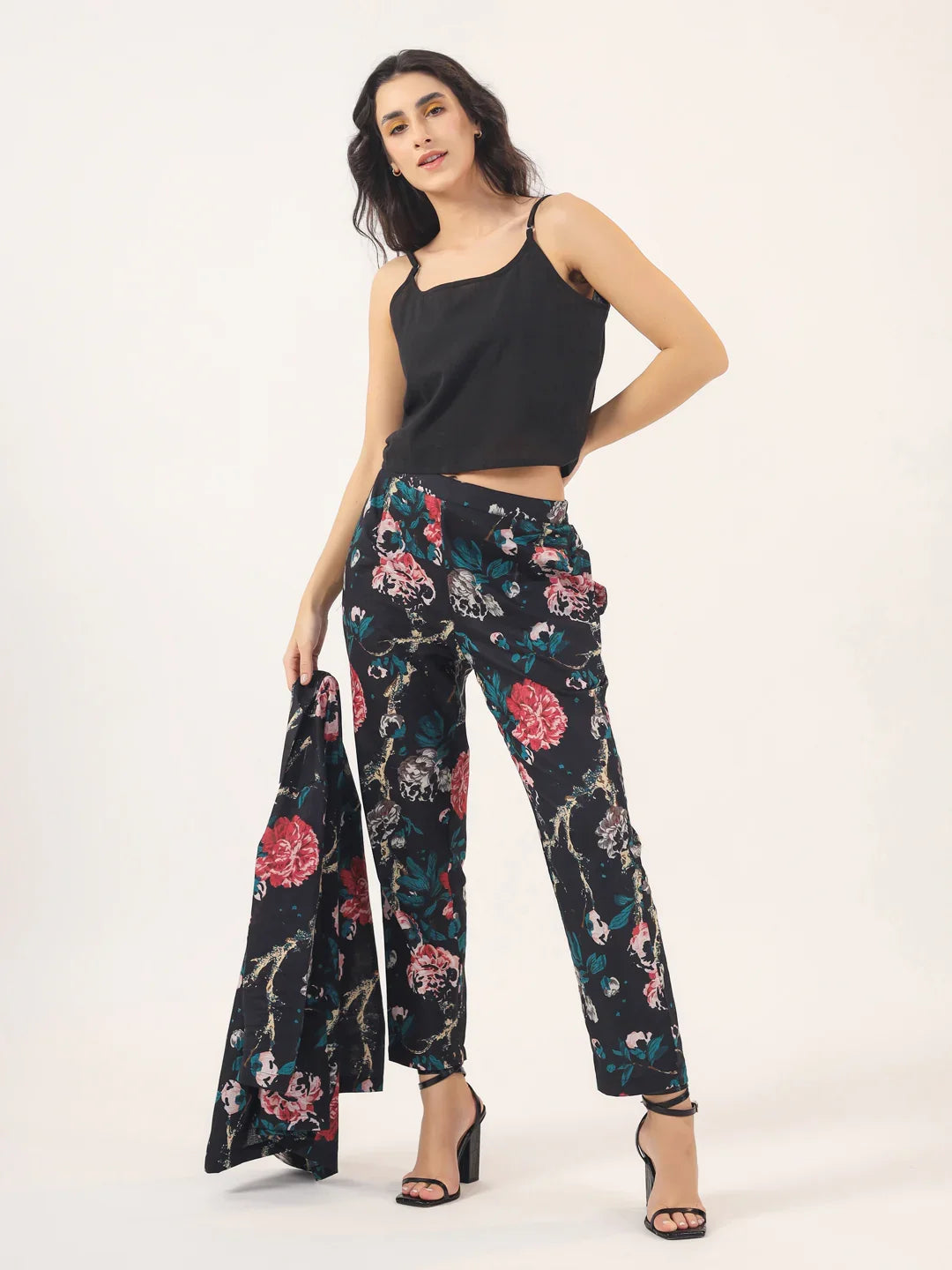 BLACK FLORAL Cotton Night SUIT - SanskrutiHomes 