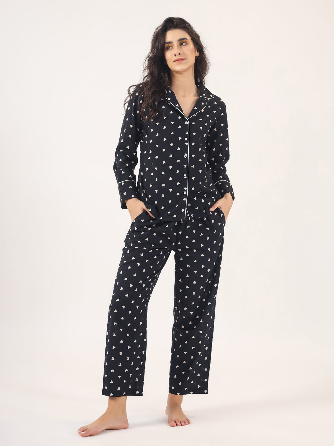 Heart Print  Black Cotton Night Suit