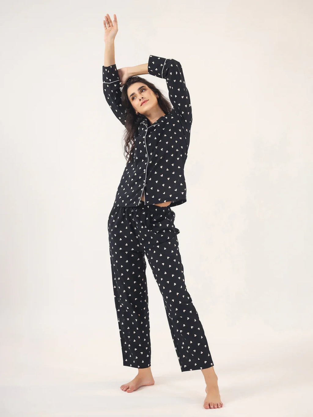 Heart print BLACK Cotton Night SUIT - SanskrutiHomes 