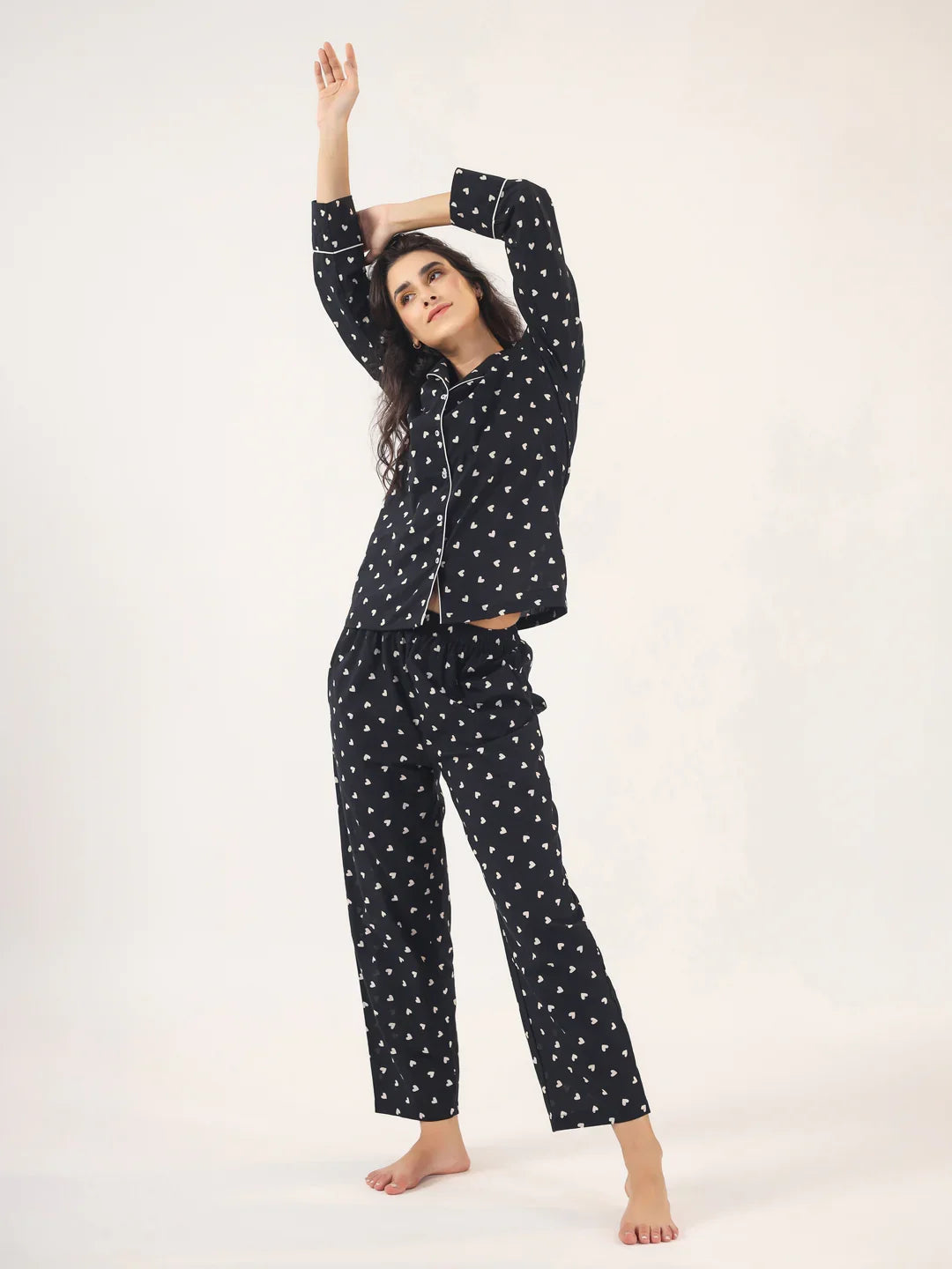 Heart print BLACK Cotton Night SUIT - SanskrutiHomes 