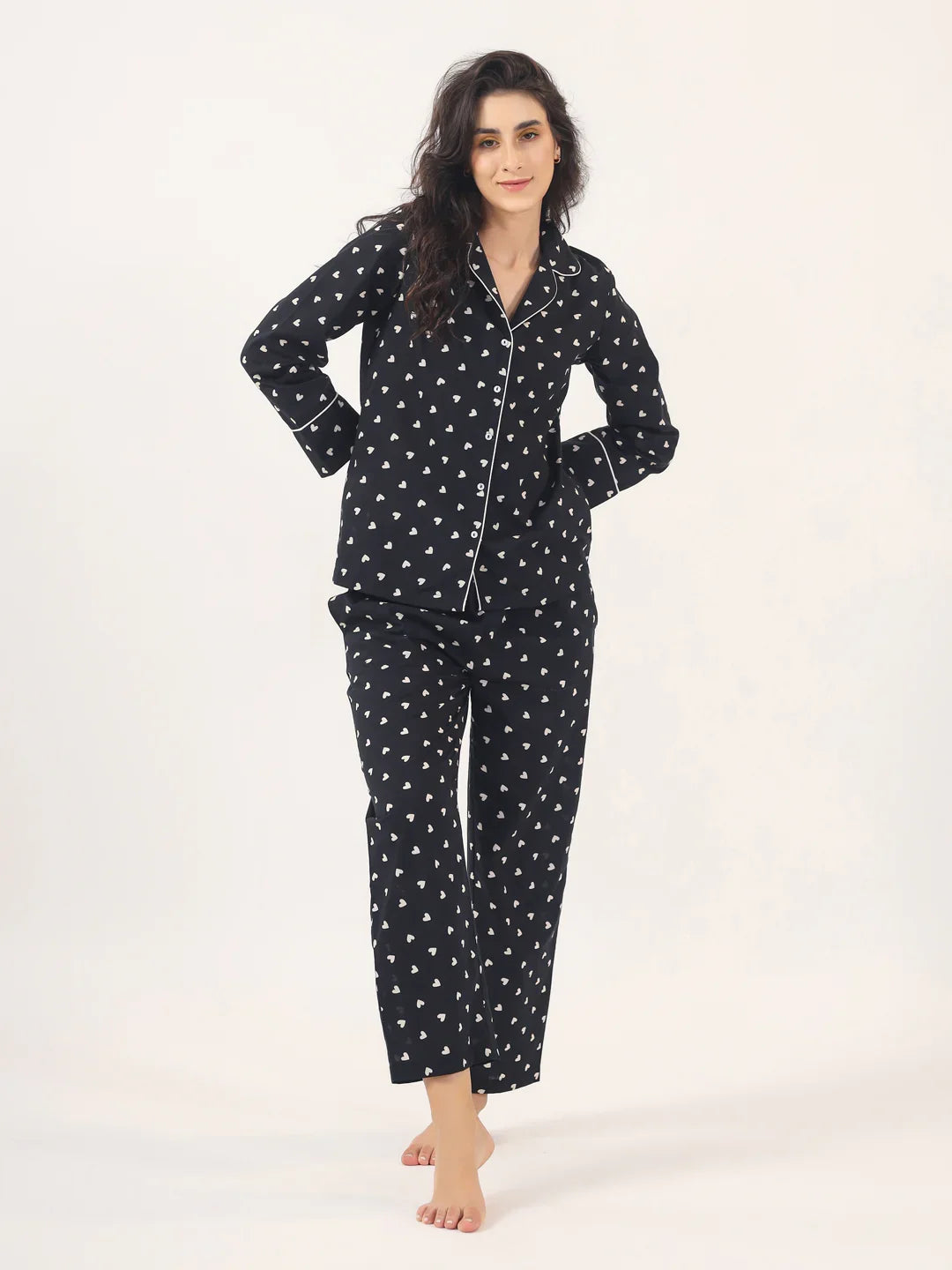 Heart print BLACK Cotton Night SUIT - SanskrutiHomes 
