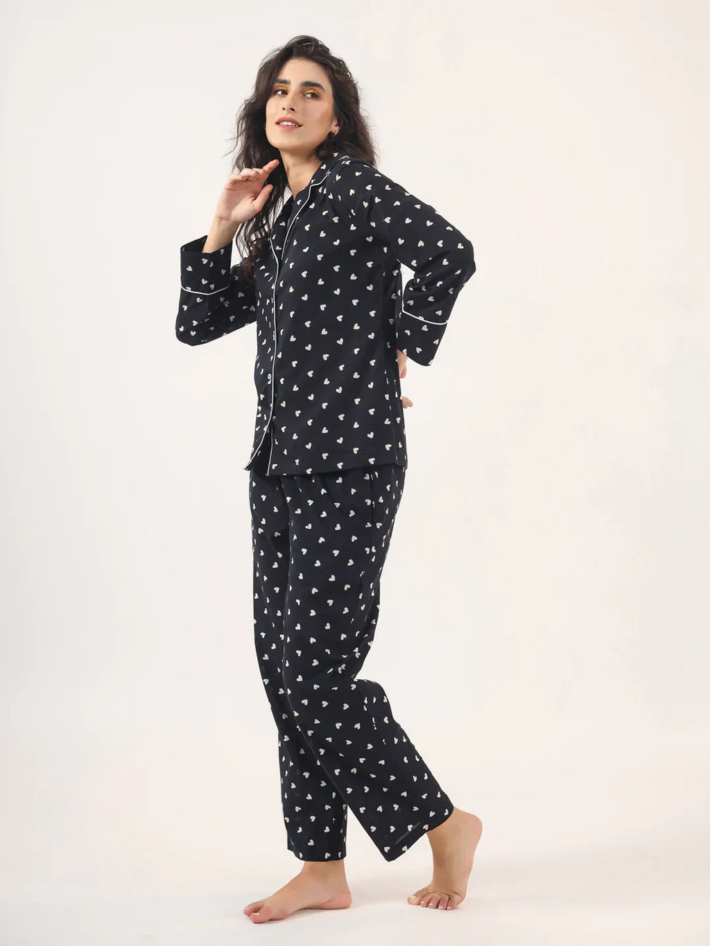 Heart print BLACK Cotton Night SUIT - SanskrutiHomes 