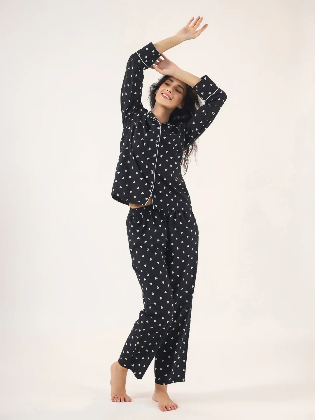 Heart print BLACK Cotton Night SUIT - SanskrutiHomes 