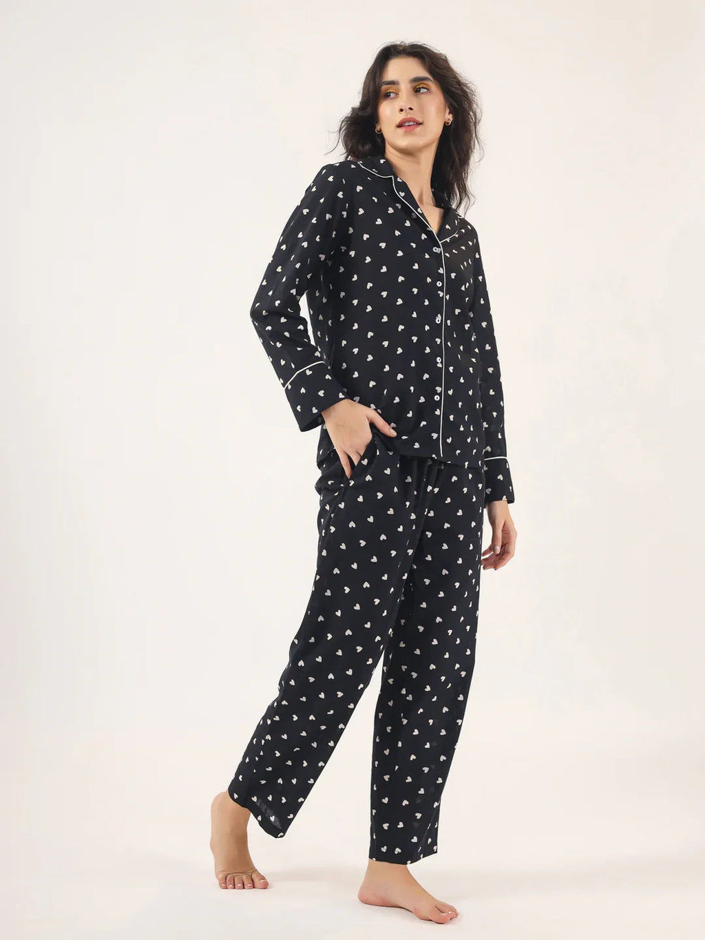 Heart print BLACK Cotton Night SUIT - SanskrutiHomes 
