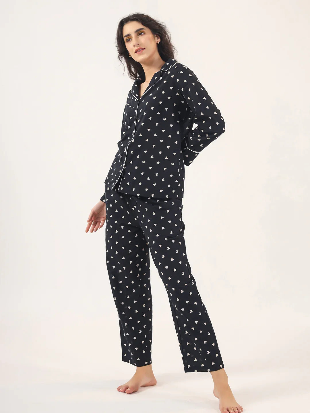 Heart print BLACK Cotton Night SUIT - SanskrutiHomes 