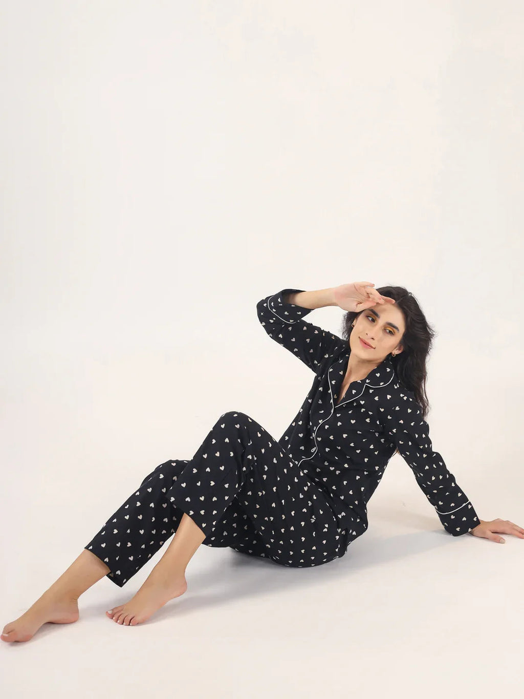 Heart print BLACK Cotton Night SUIT - SanskrutiHomes 