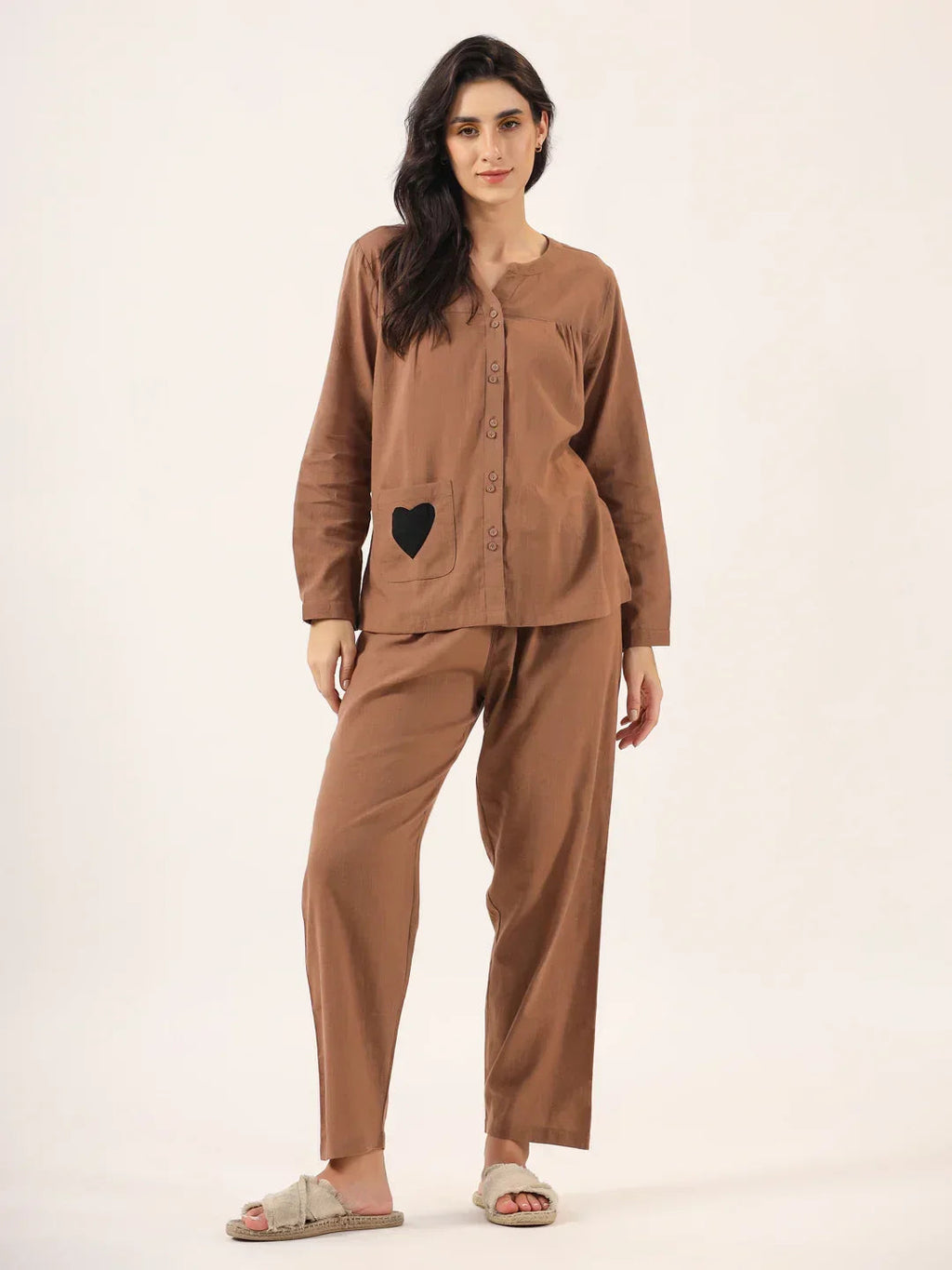Brown Solid Cotton Round Neck Night Suit - SanskrutiHomes 