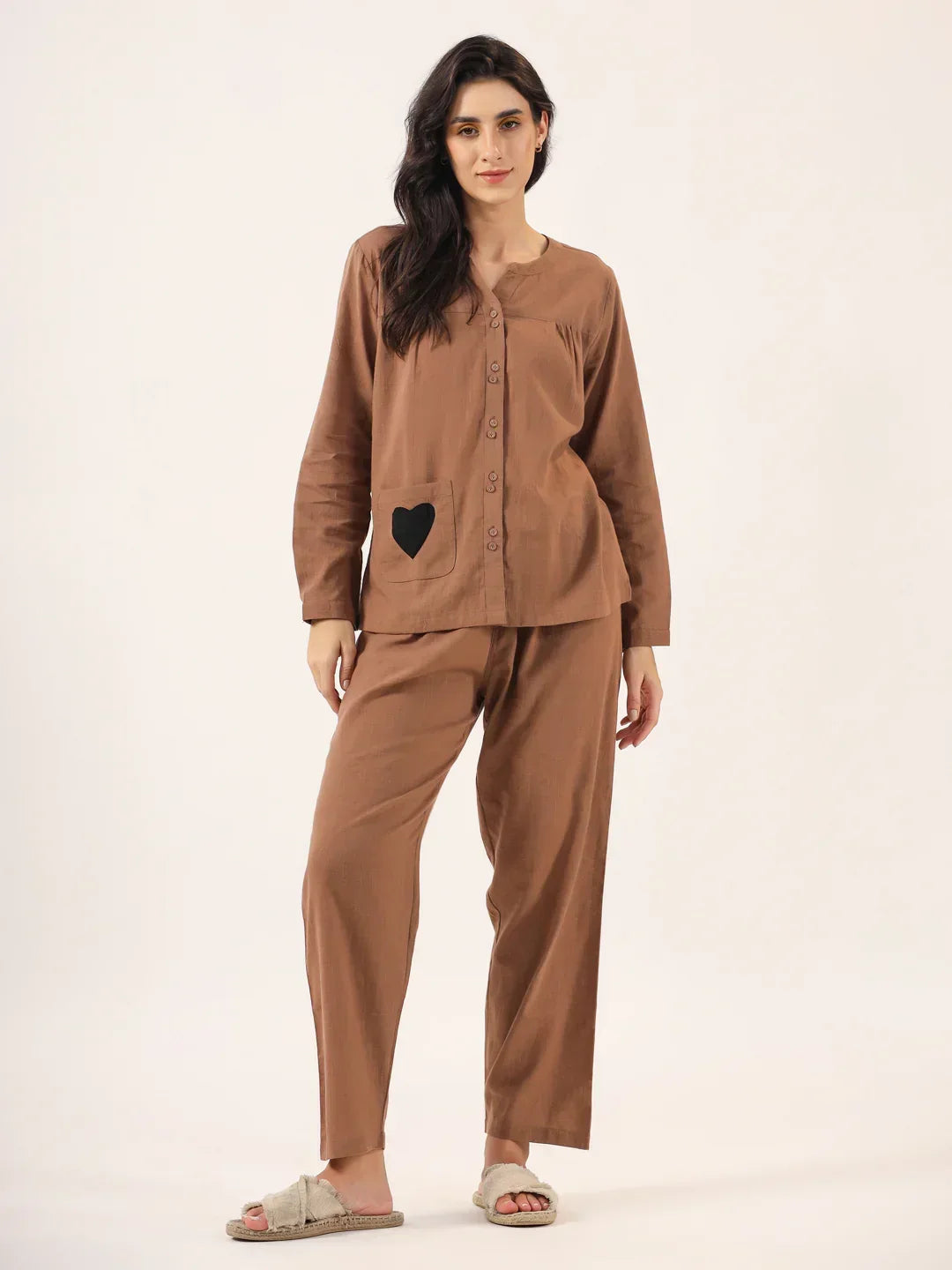 Brown Solid Cotton Round Neck Night Suit - SanskrutiHomes 