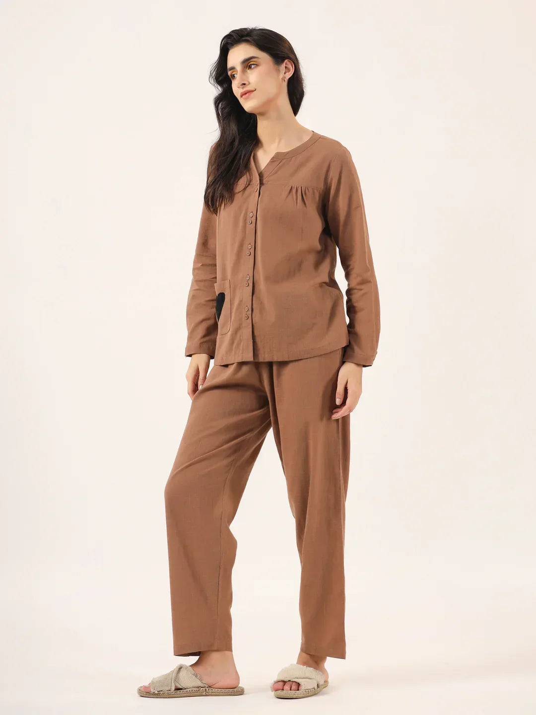 Brown Solid Cotton Round Neck Night Suit - SanskrutiHomes 