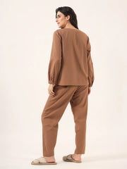 Brown Solid Cotton Round Neck Night Suit - SanskrutiHomes 