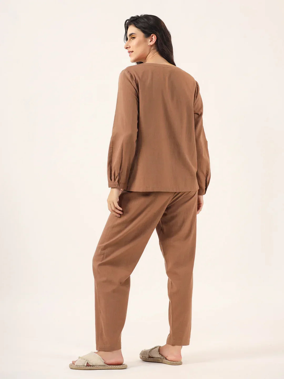 Brown Solid Cotton Round Neck Night Suit - SanskrutiHomes 